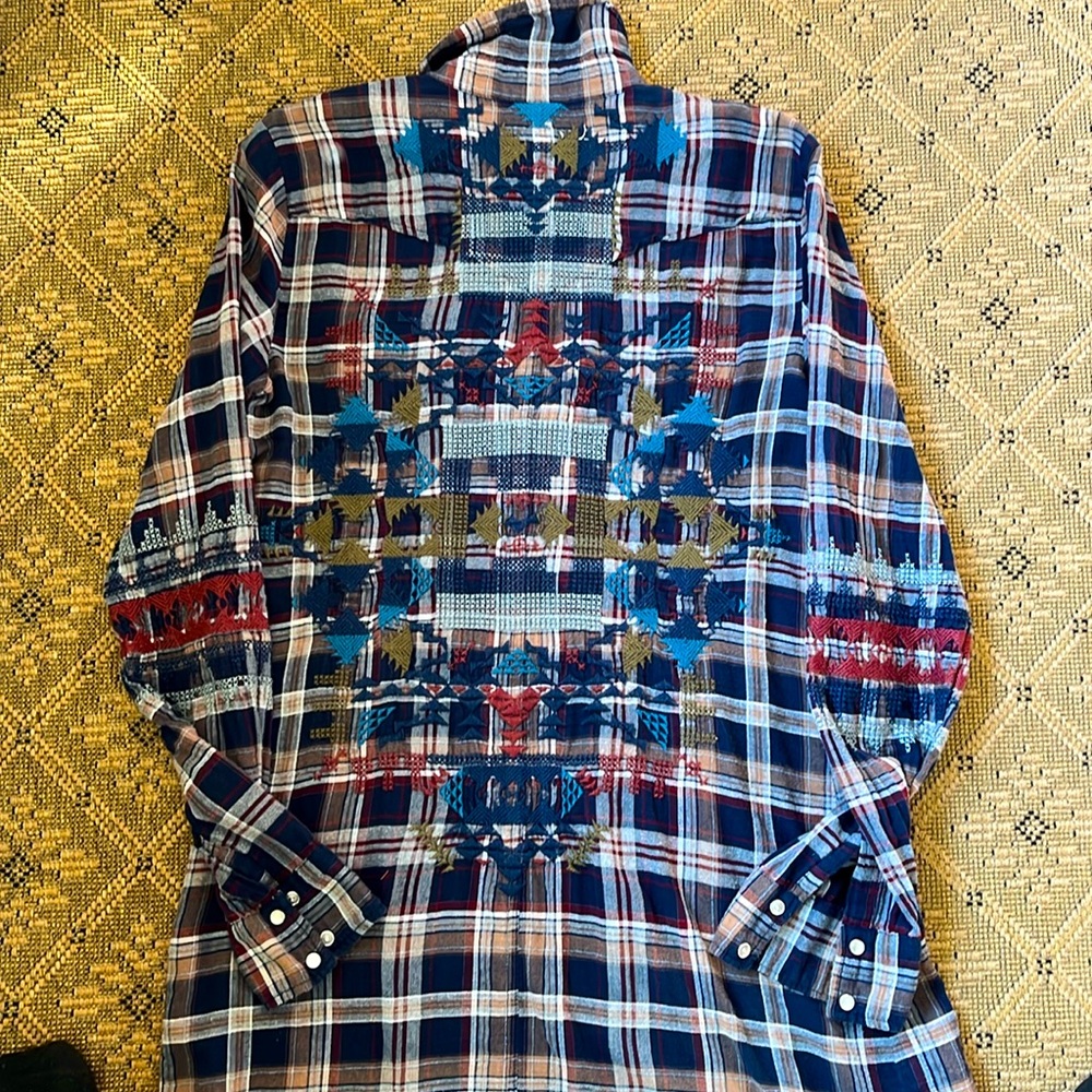 Johnny Was 3J Workshop embroidered cotton plaid shirt/tunic XS